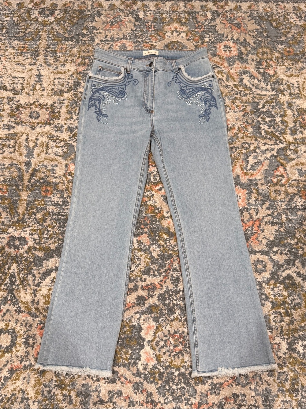 Etro Light Blue Wide-Leg Jeans with Navy Embroidery